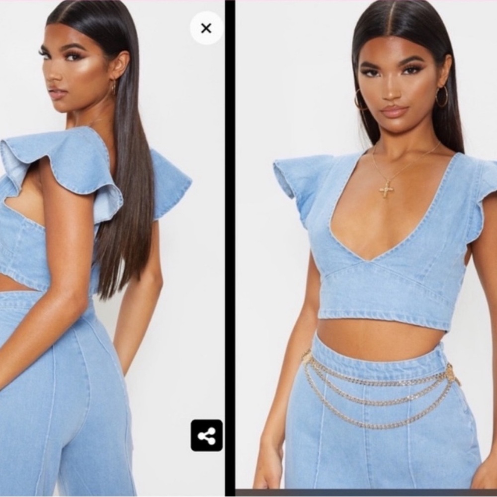 prettylittlething | flared sleeve blue denim crop top